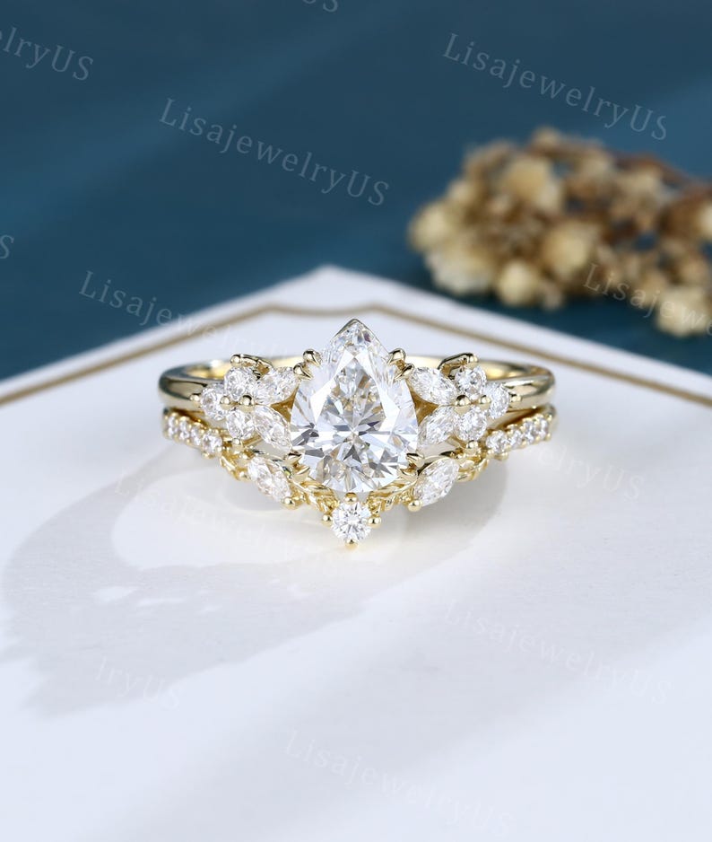Pear Shaped Lab Diamond Engagement Ring Set Yellow Gold IGI Certified ...