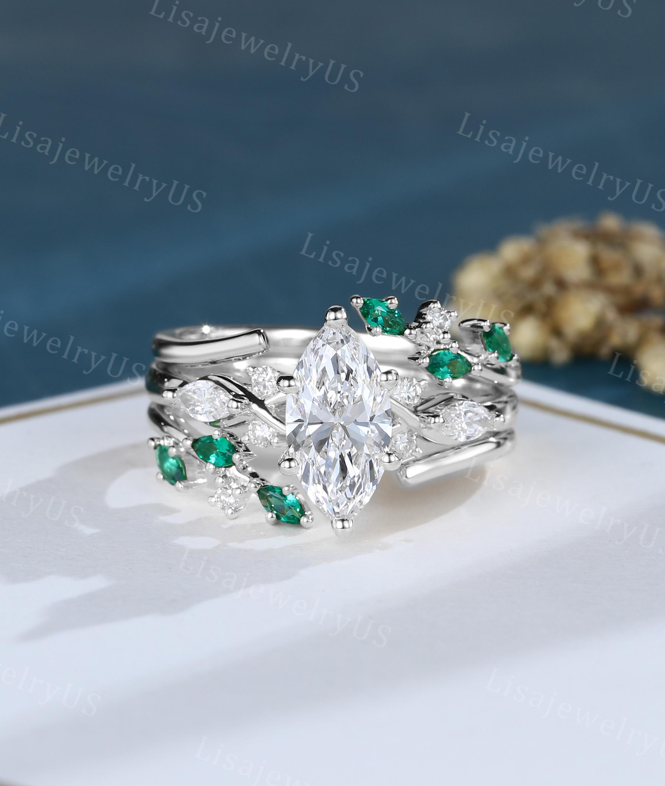 Marquise Cut Lab Diamond Engagement Ring Set Unique Yellow Gold Emerald ...