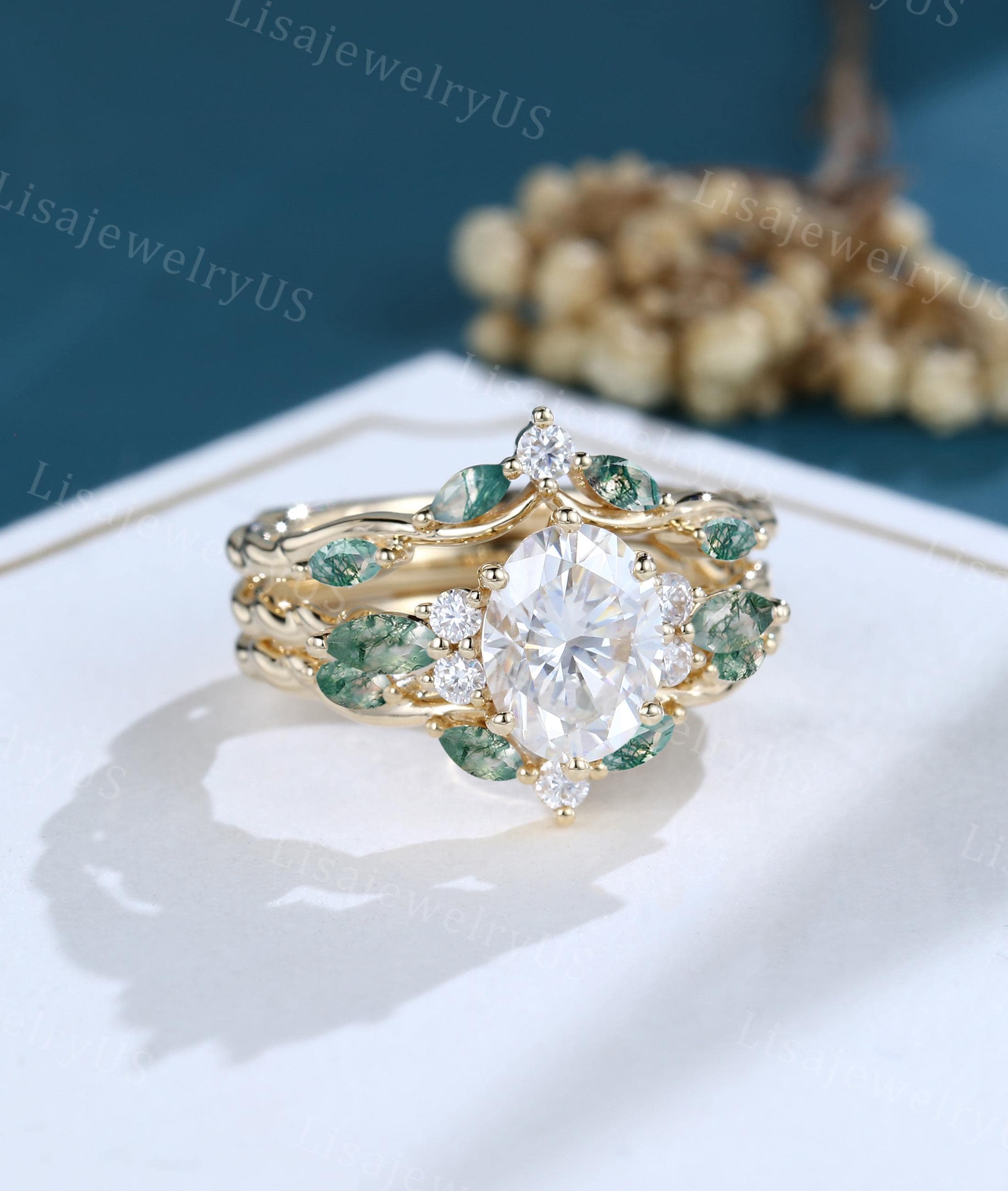 Oval Moissanite Engagement Ring Set Yellow Gold Ring Set Art Deco Solid ...