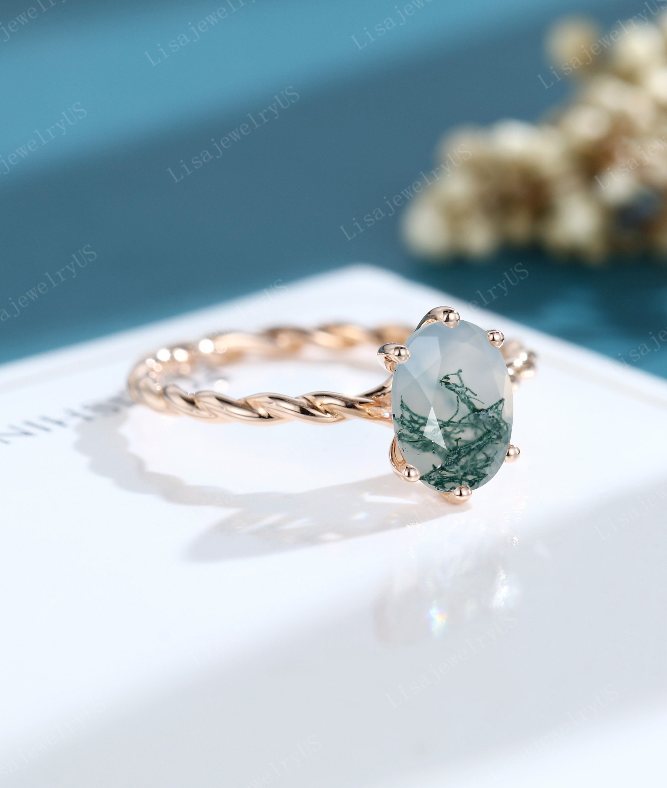 Oval Moss Agate Engagement Ring Rose Gold Vintage Engagement - Etsy