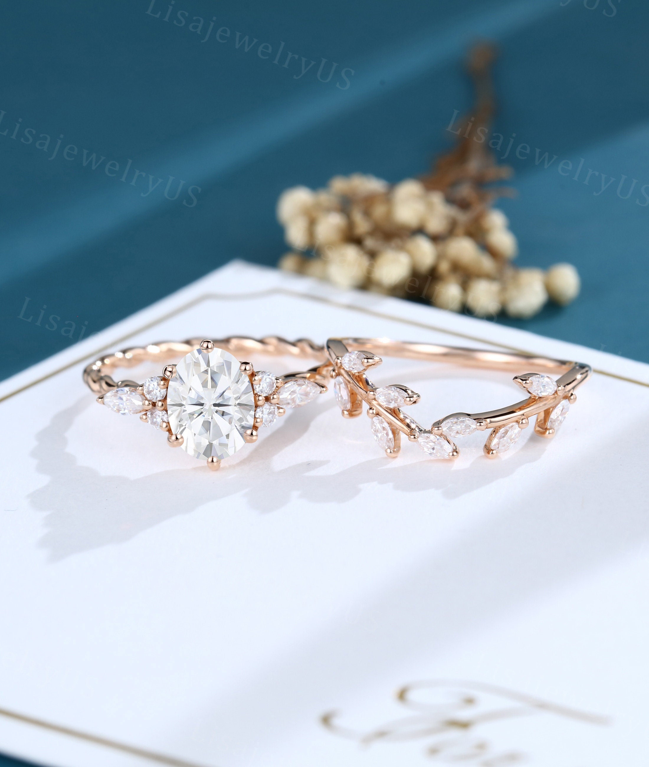 Oval Moissanite engagement ring set rose gold ring set marquise moissanite Unique diamond twisted ring Bridal ring Anniversary promise ring