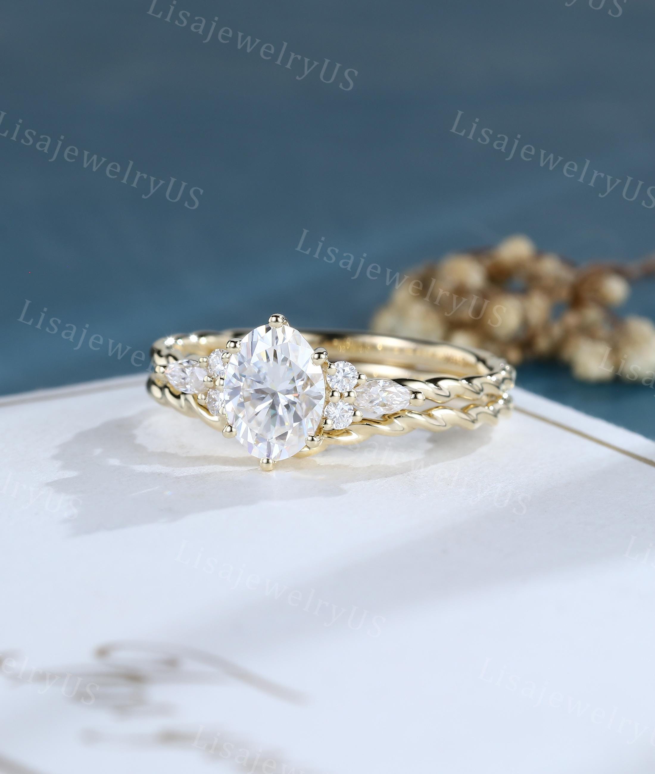 Oval Moissanite Engagement Ring Set Vintage 14K Yellow Gold Engagement ...