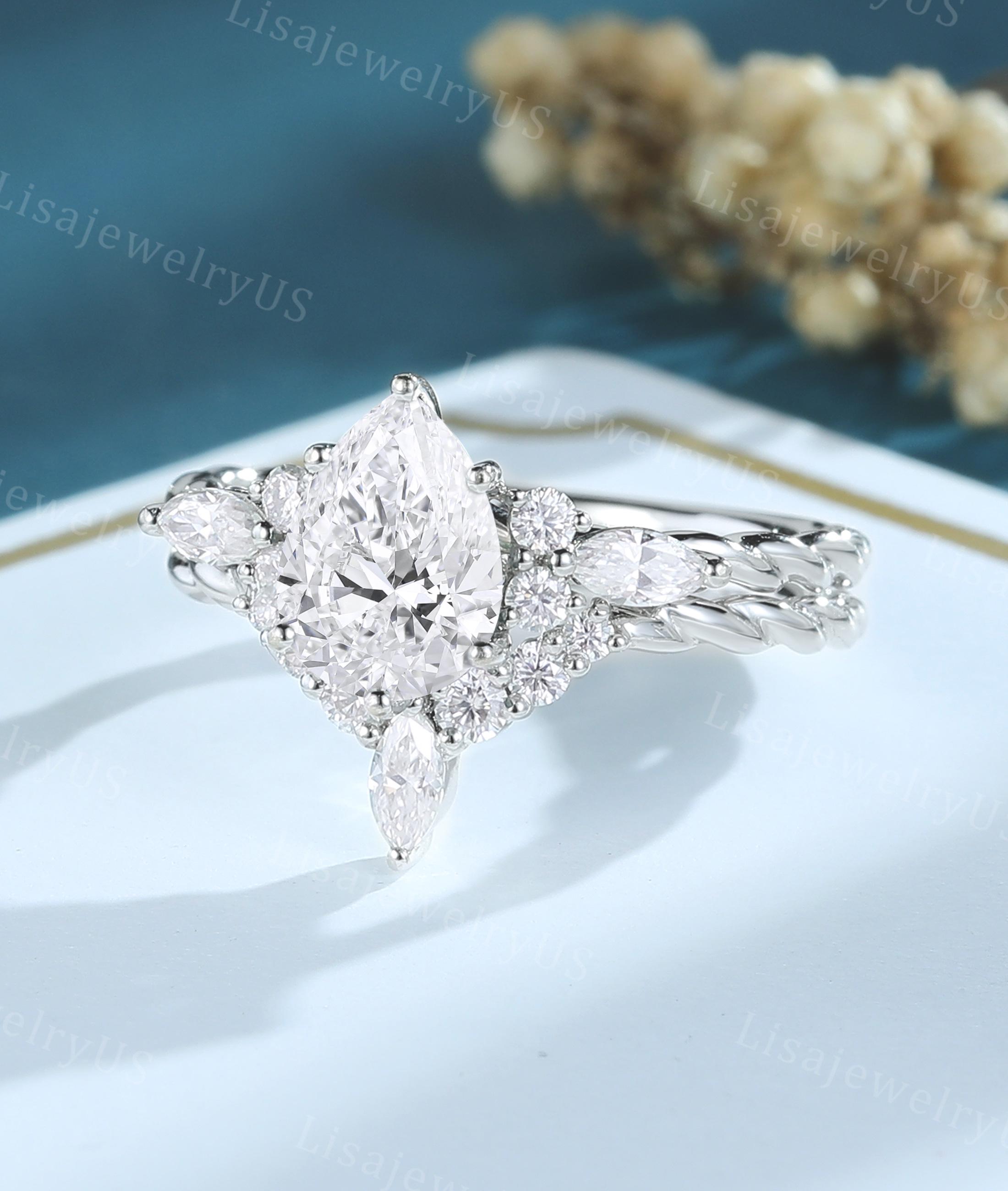 Pear Shaped Lab Diamond Engagement Ring Set Vintage White Gold IGI ...