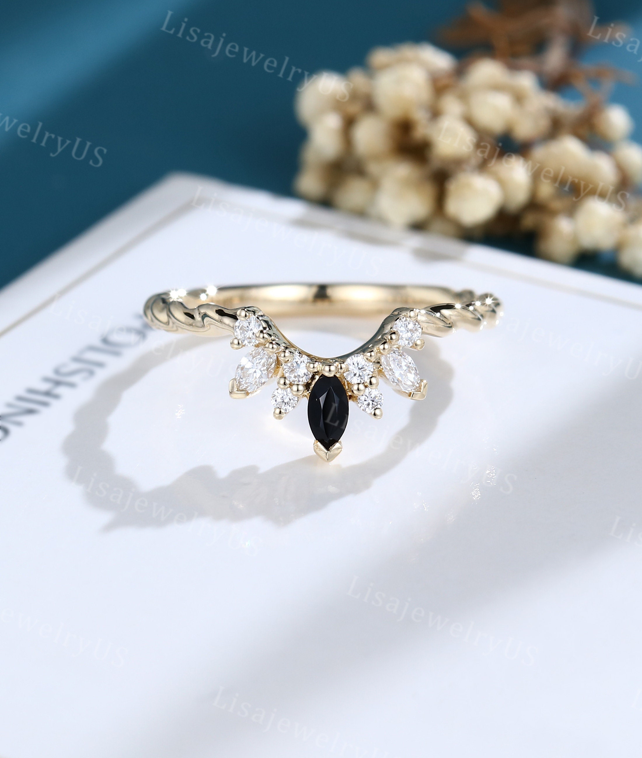 Black onyx vintage wedding band Marquise Moissanite wedding band solid gold wedding band Unique Curved diamond stacking matching band Bridal