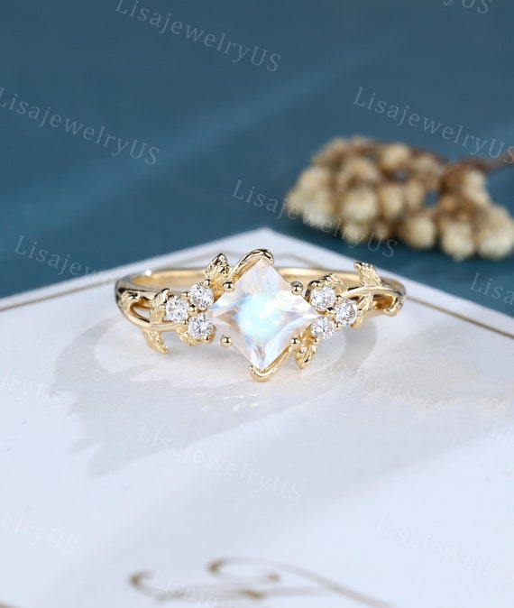 Princess Cut Moonstone Engagement Ring 14k Yellow Gold Moissanite