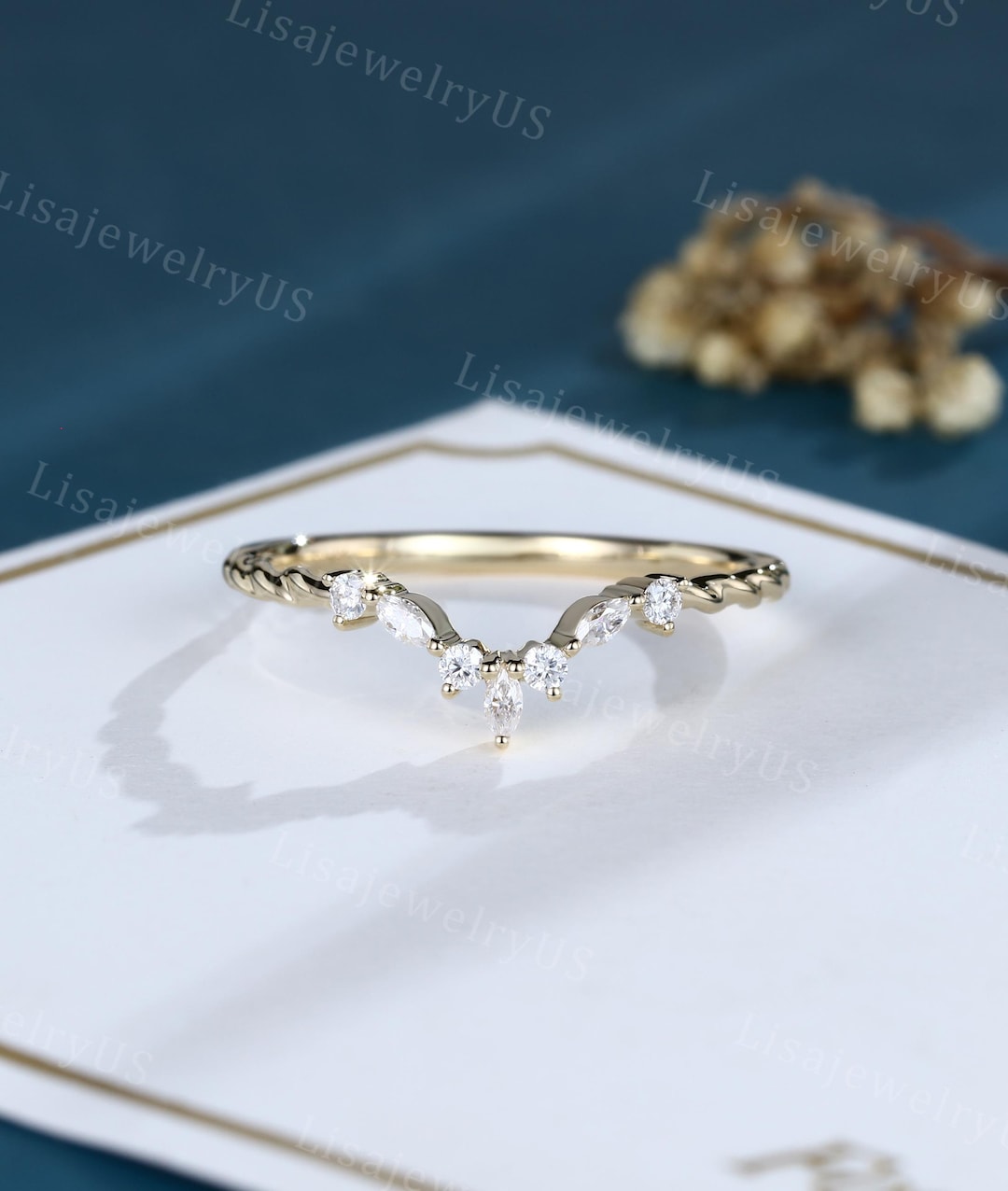 Marquise Cut Moissanite Curved Wedding Band Unique Yellow Gold Wedding ...