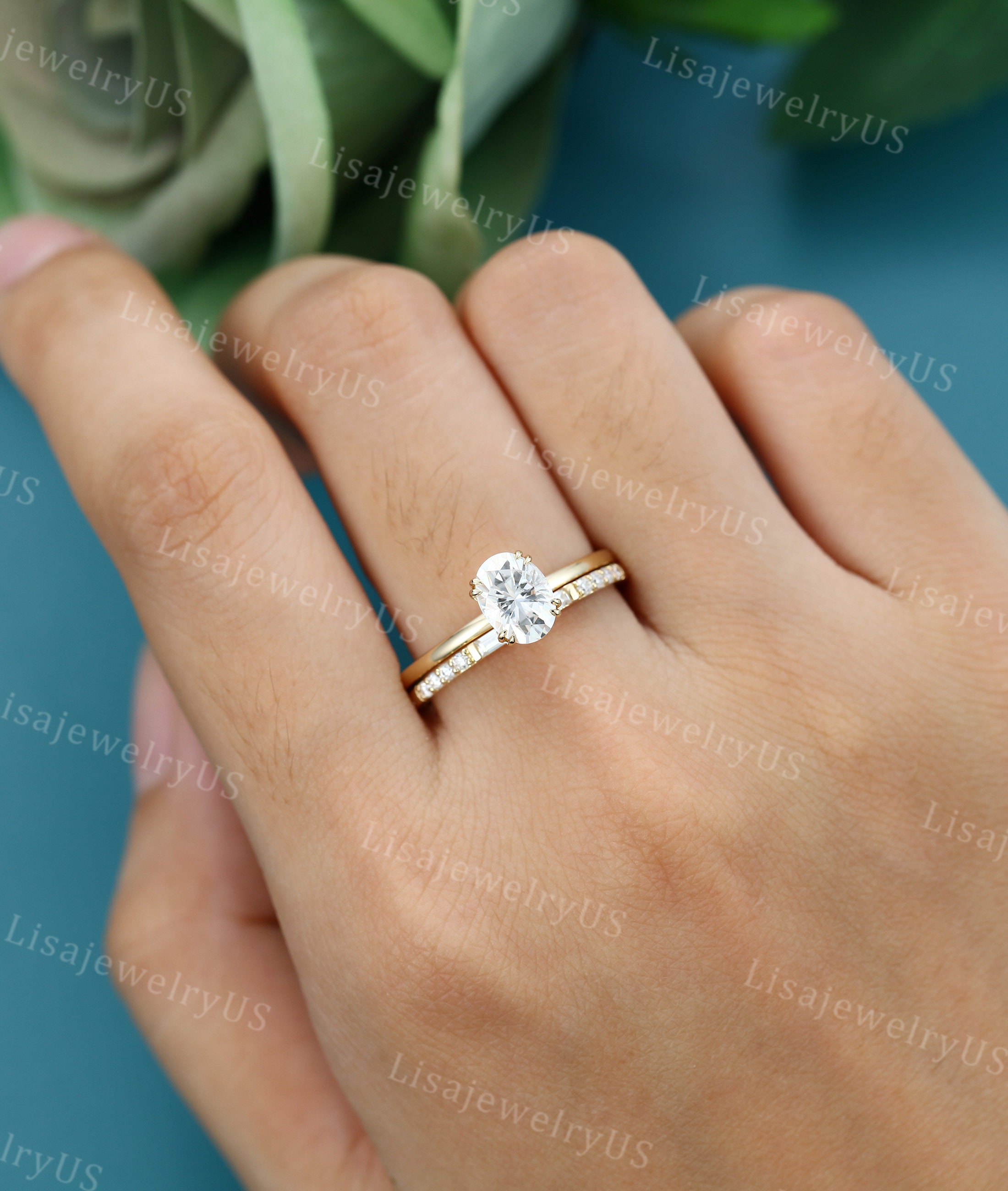 Oval Moissanite Engagement Ring Set 14K Gold Engagement Ring Set ...