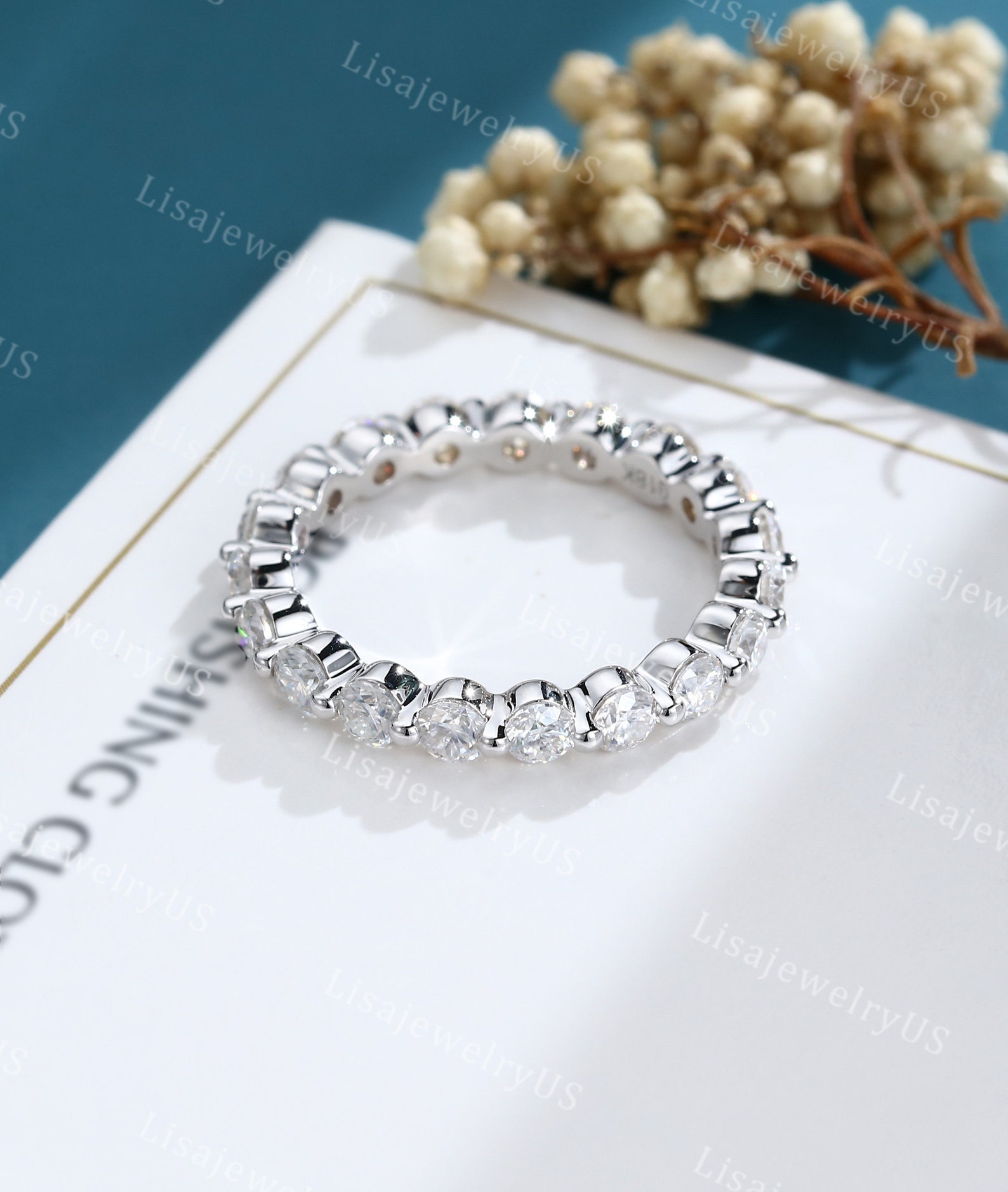 Moissanite Wedding Band Full Eternity Solid 14k White Gold Full ...