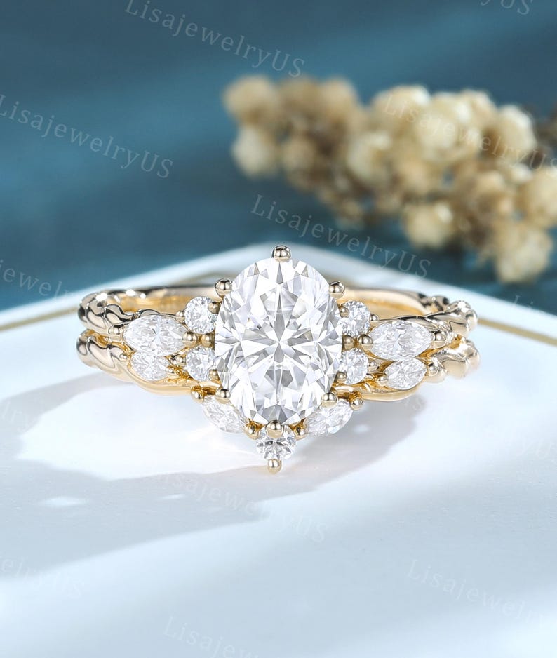 Oval Moissanite Engagement Ring Set Yellow Gold Vintage Ring Set Art ...