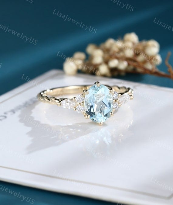 Yellow Gold Ladies Genuine Aquamarine and White Topaz Engagement Ring