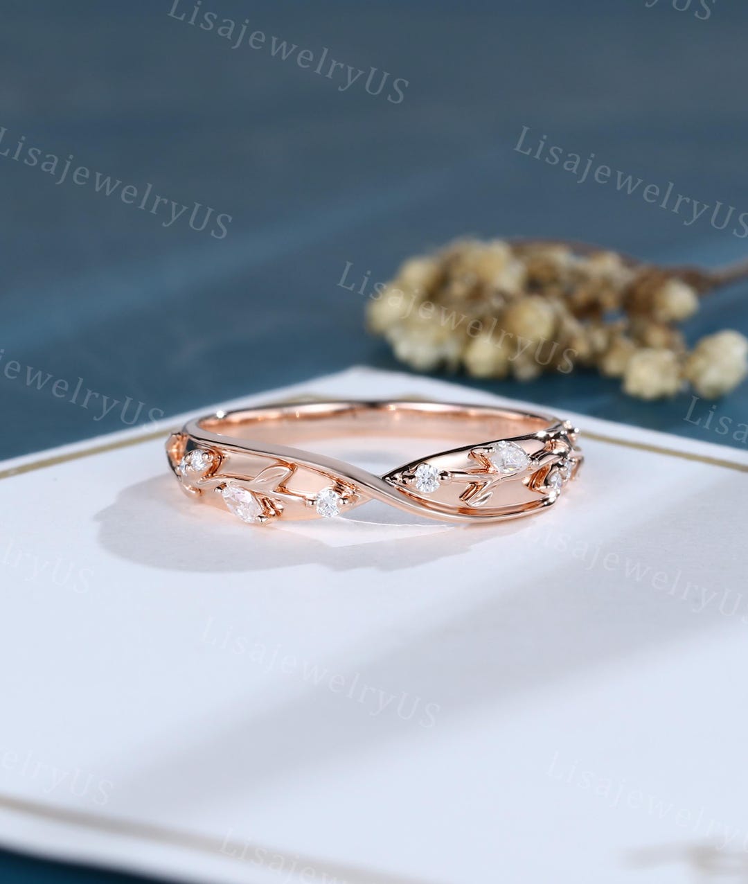 Marquise Cut Moissanite Curved Wedding Band Rose Gold Diamond Leaf ...