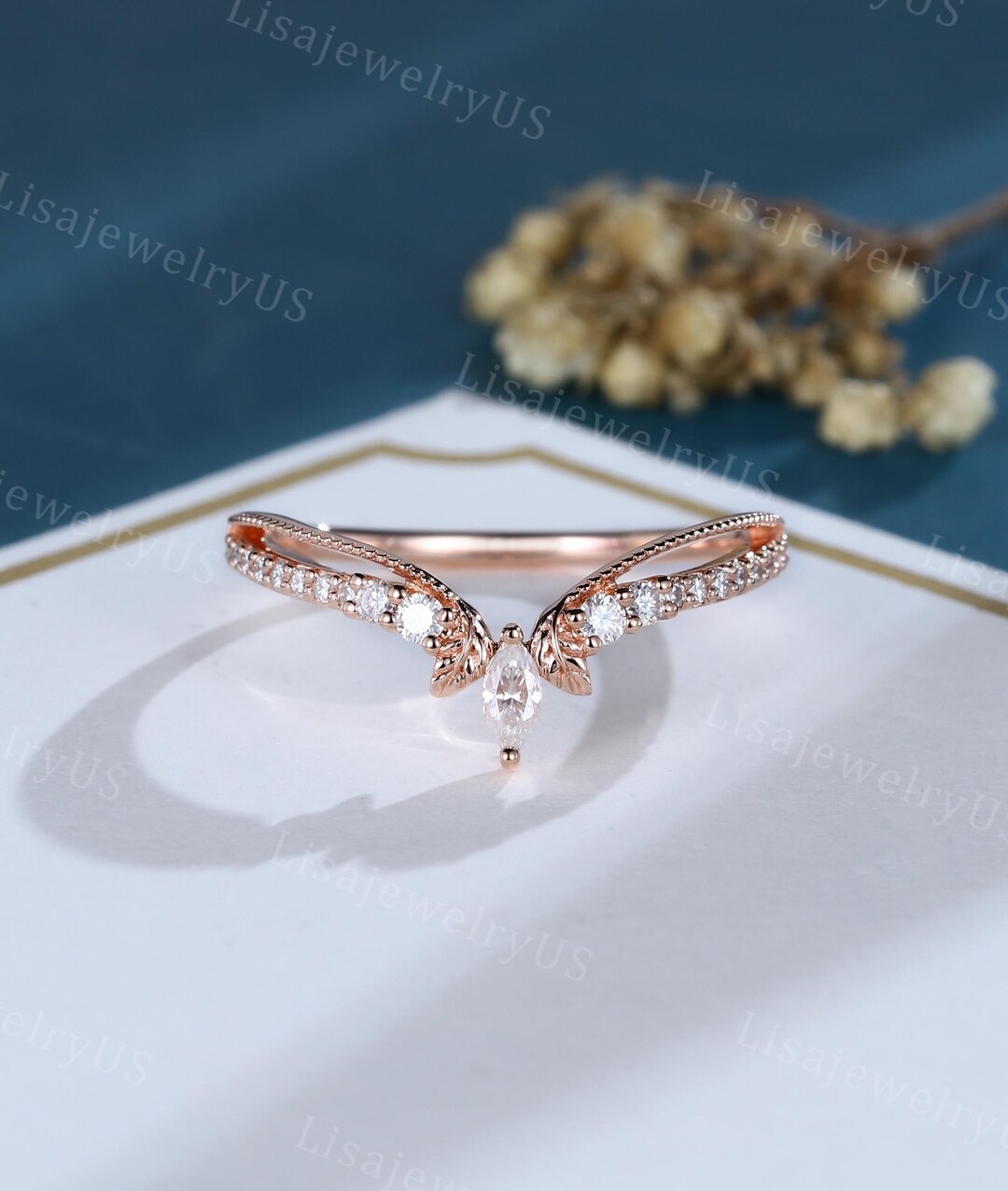 Marquise Cut Moissanite Curved Wedding Band Rose Gold Diamond Milgrain ...