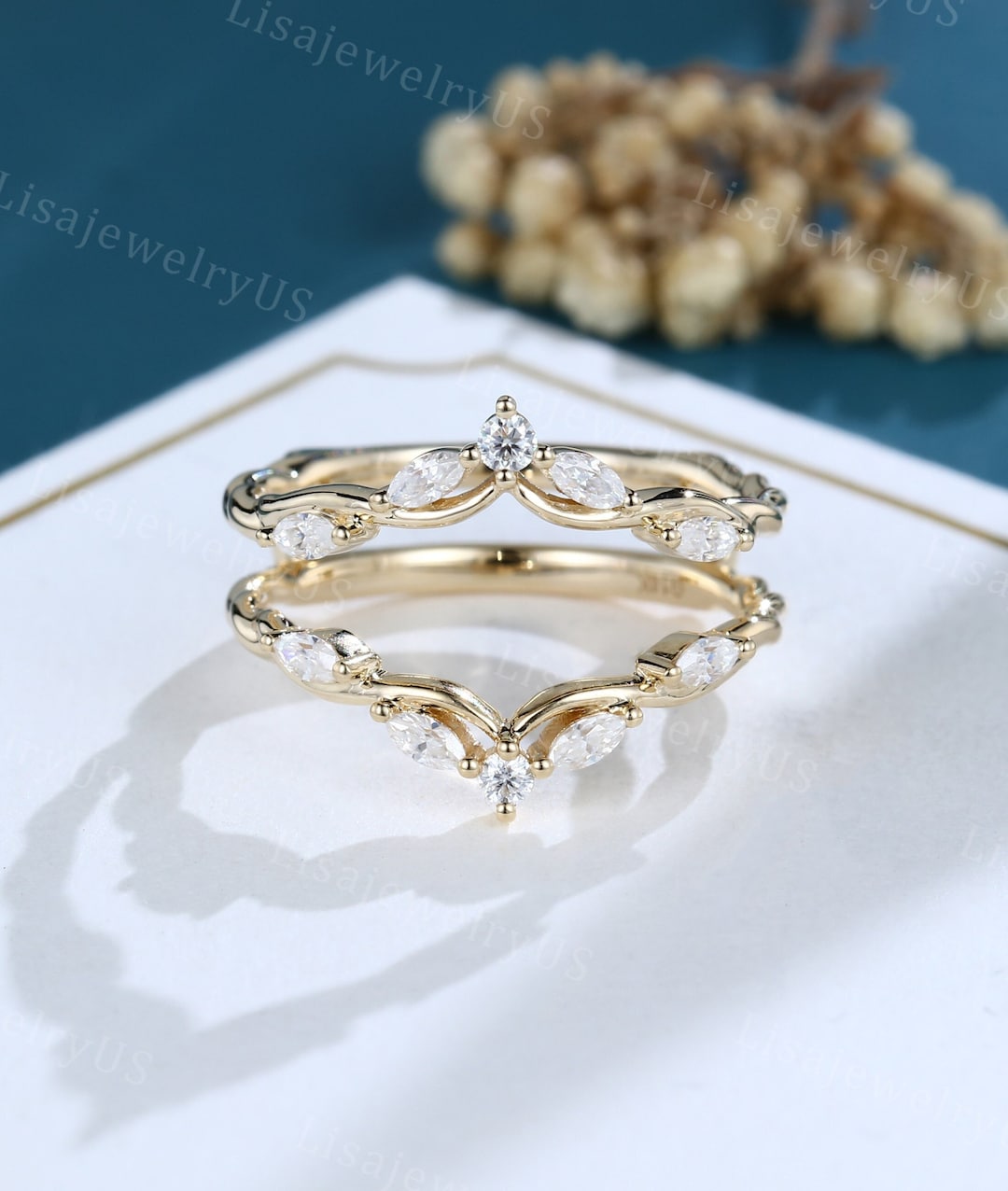 Marquise Cut Moissanite Wedding Band Yellow Gold Double Curved Wedding ...