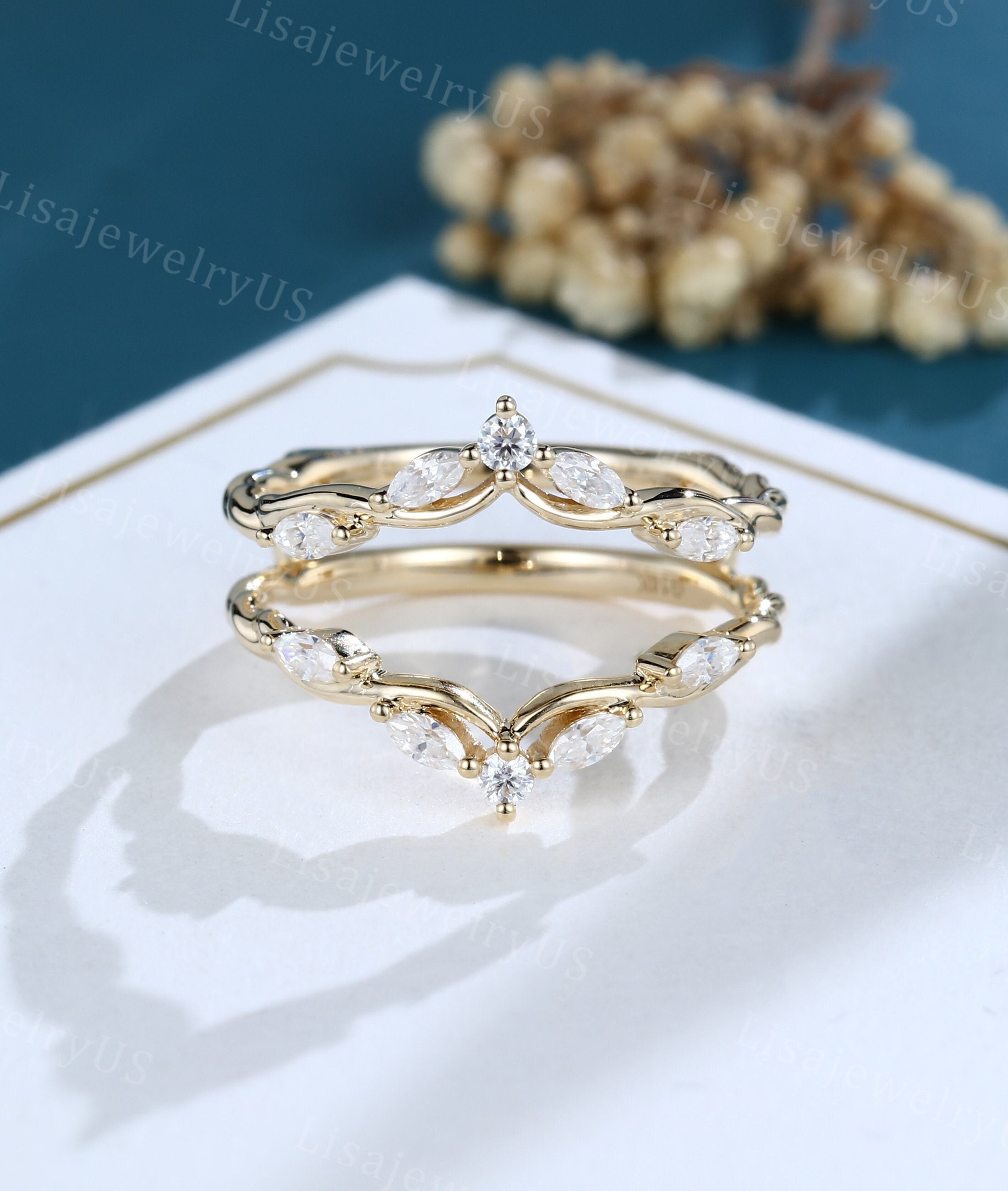 Marquise cut Moissanite Wedding band Yellow gold Double Curved Wedding band Vintage Diamond ring 3/4 Eternity Twisted band Anniversary ring