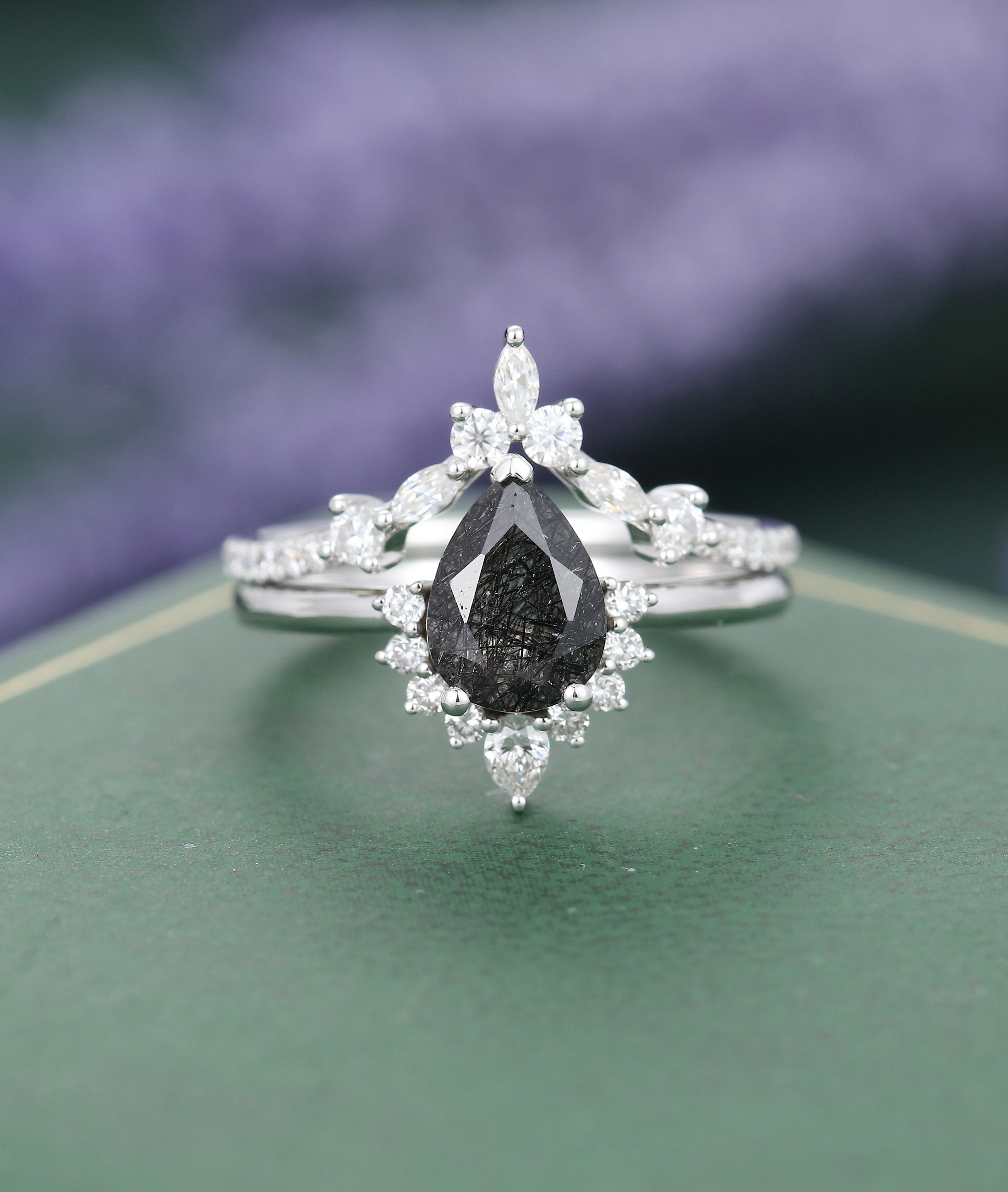 Black Rutilated Quartz ring set black engagement ring set Etsy