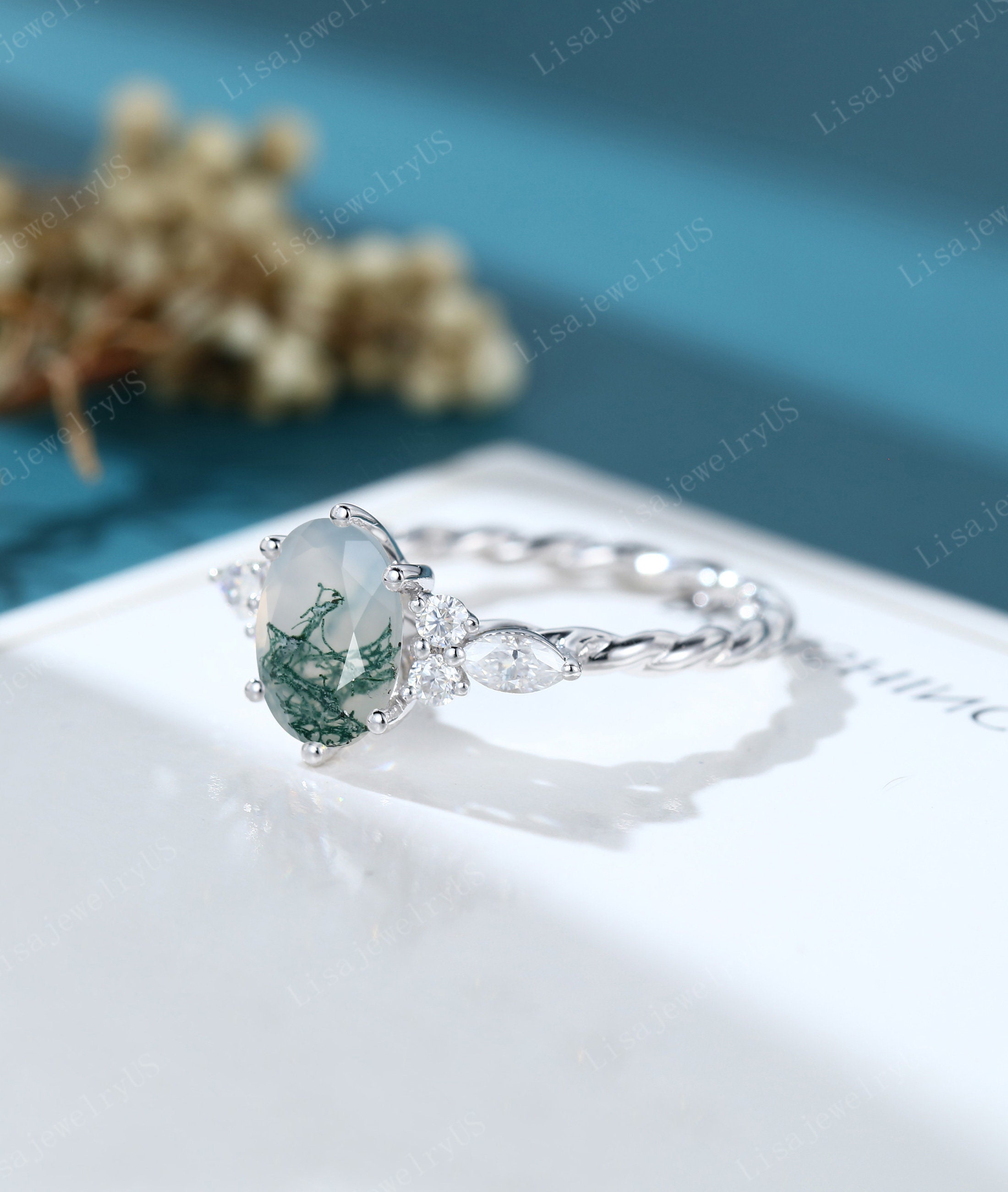 Oval Moss Agate Engagement Ring Vintage Engagement Ring White - Etsy UK