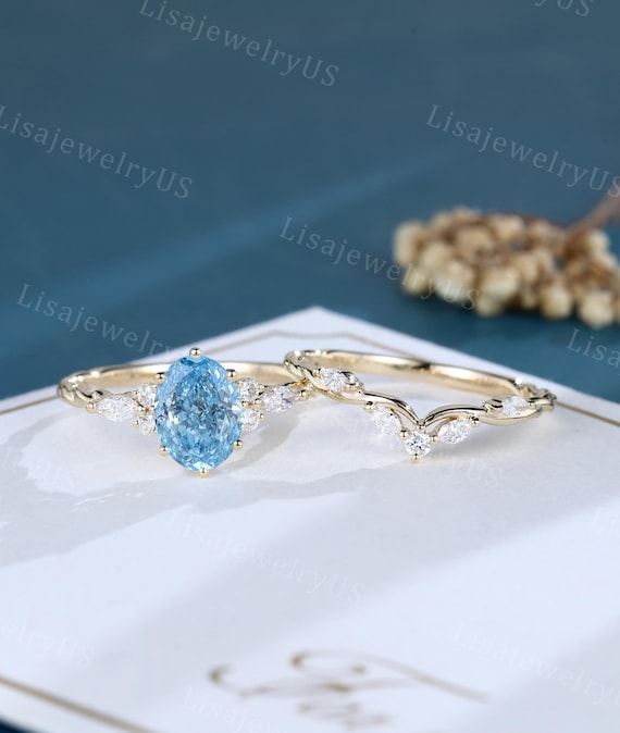 Oval Cut Lab Blue Diamond Engagement Ring Set Solid 14K Yellow Gold Ring Set Art Deco Marquise Diamond 3 4 Eternity Twisted Bridal Ring Etsy Ireland
