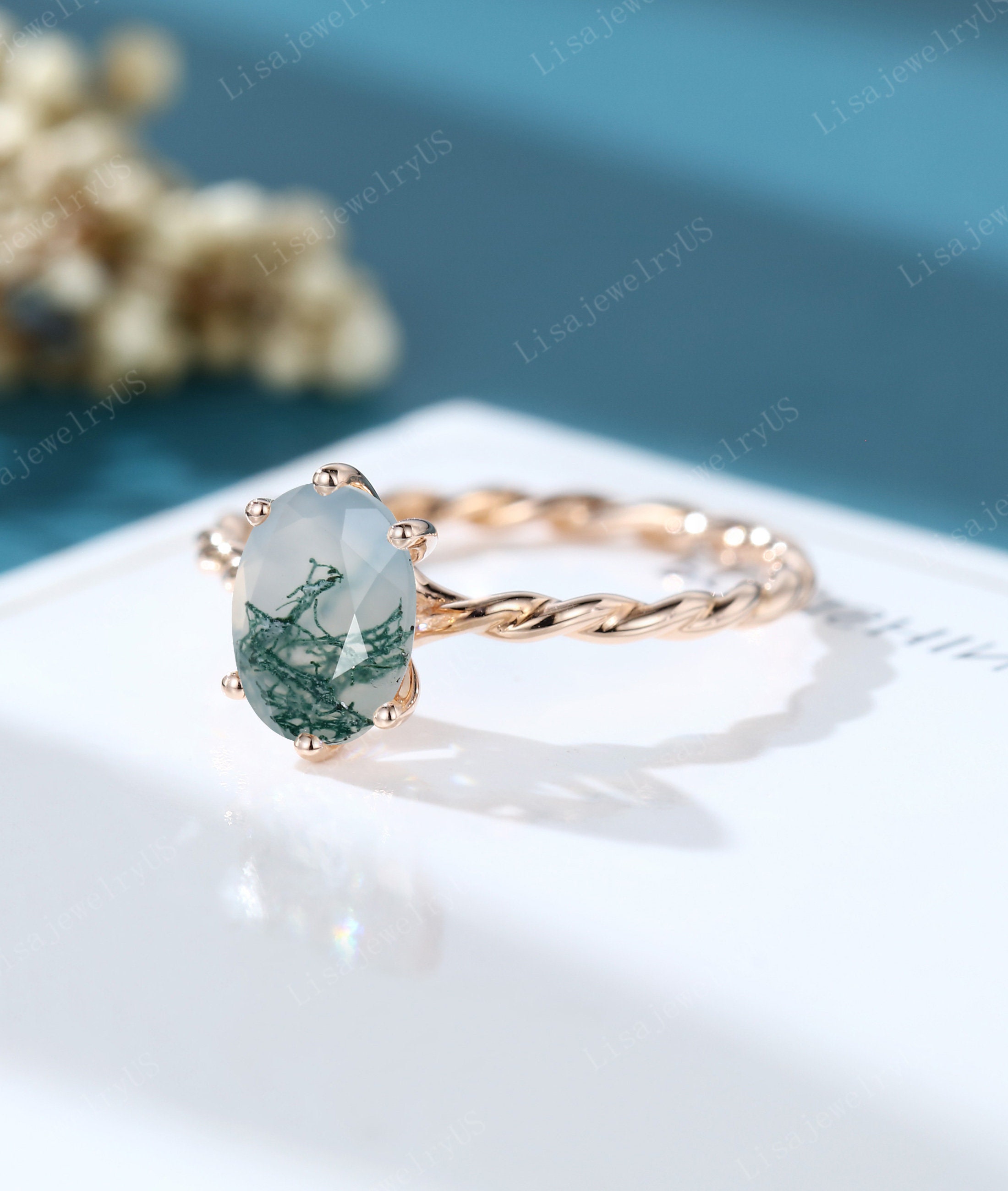 Oval Moss Agate Engagement Ring Rose Gold Vintage Engagement - Etsy