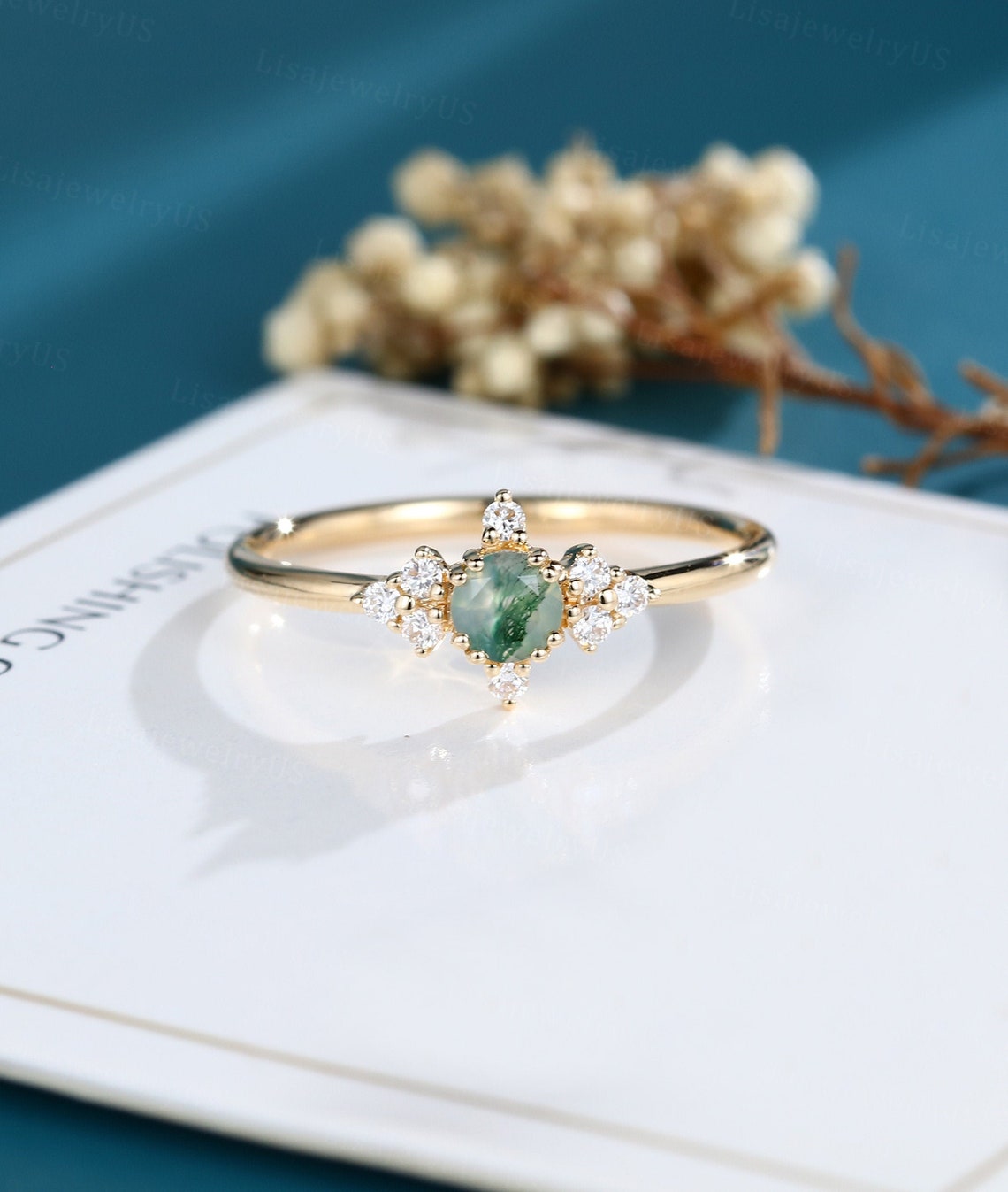 Moss Agate engagement ring Vintage engagement ring 14K gold | Etsy