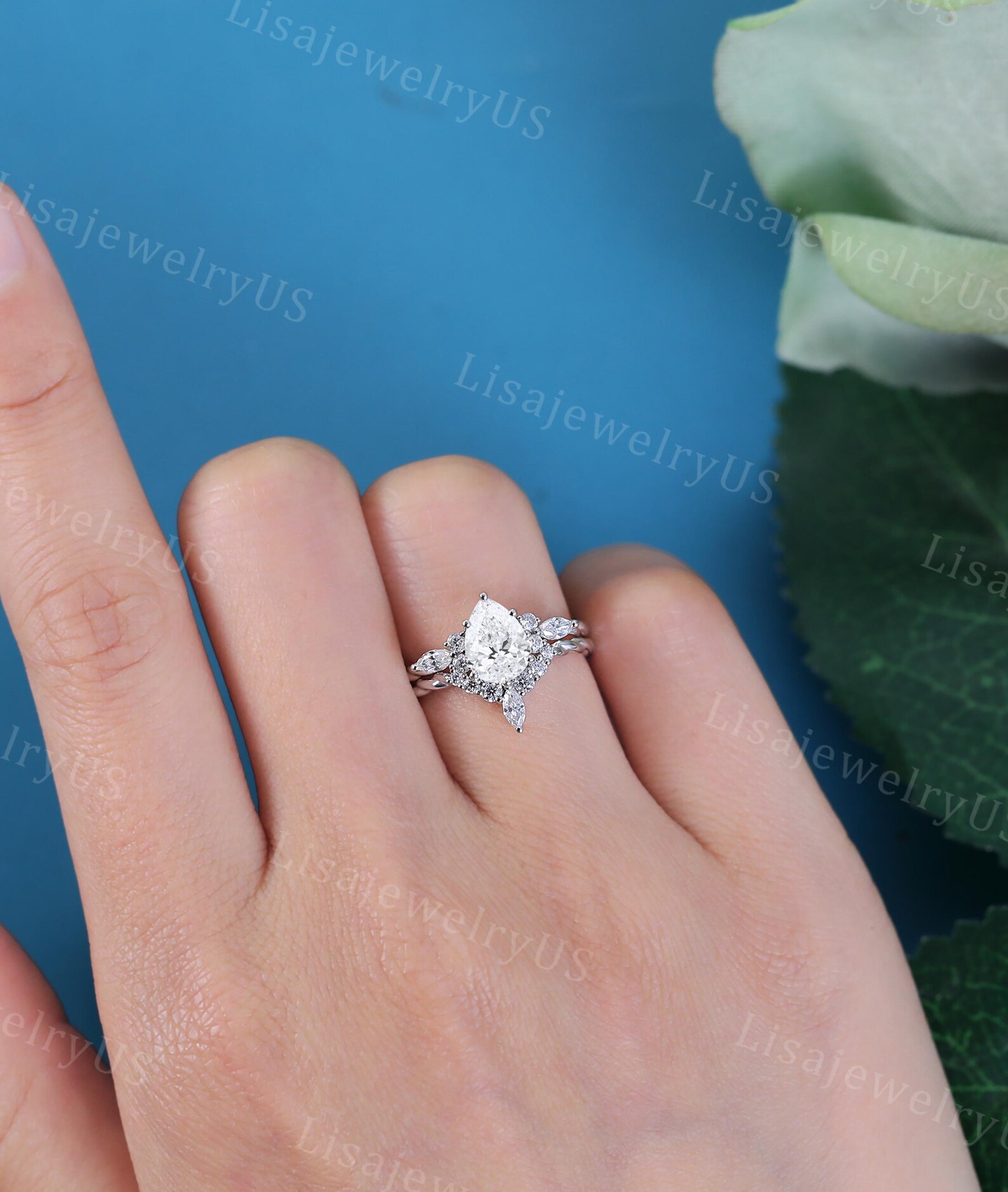 Pear Shaped Lab Diamond Engagement Ring Set Vintage White Gold IGI ...