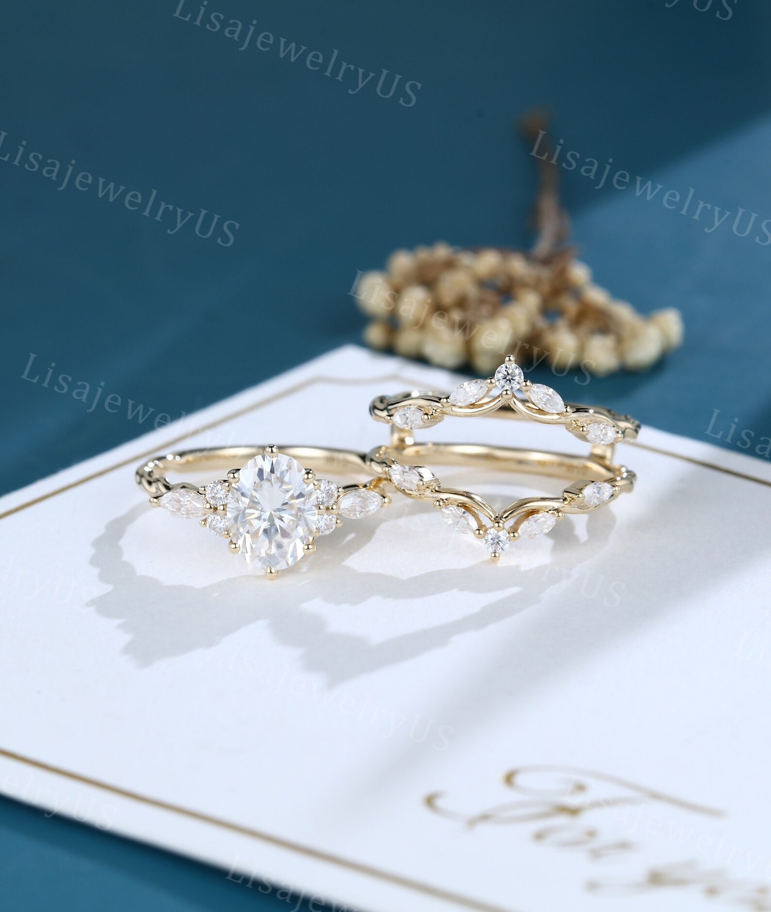 Oval Moissanite Engagement Ring Set Yellow Gold Vintage Ring Set Art ...