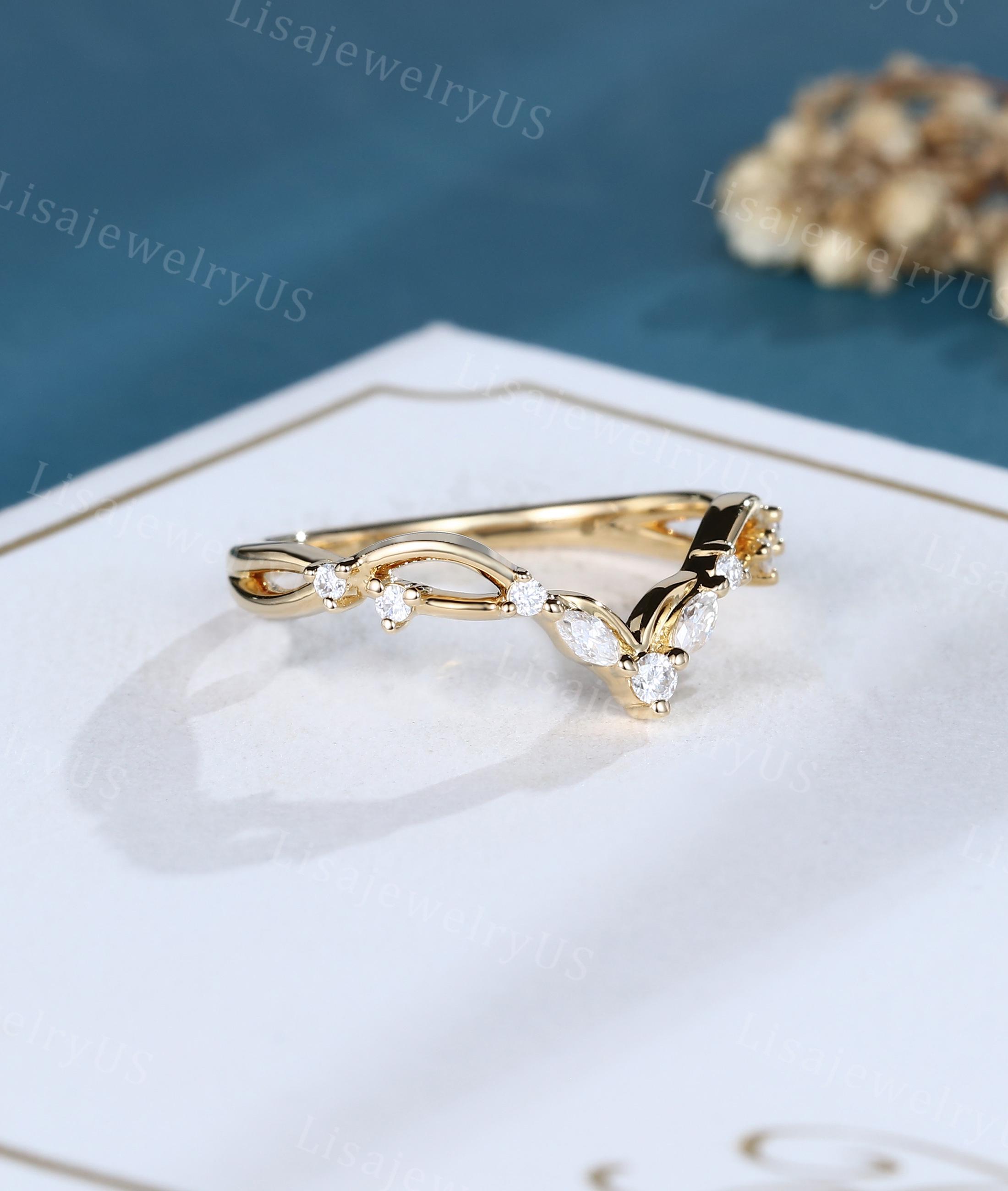 Marquise Cut Moissanite Curved Wedding Band Dainty 14k Yellow Gold ...