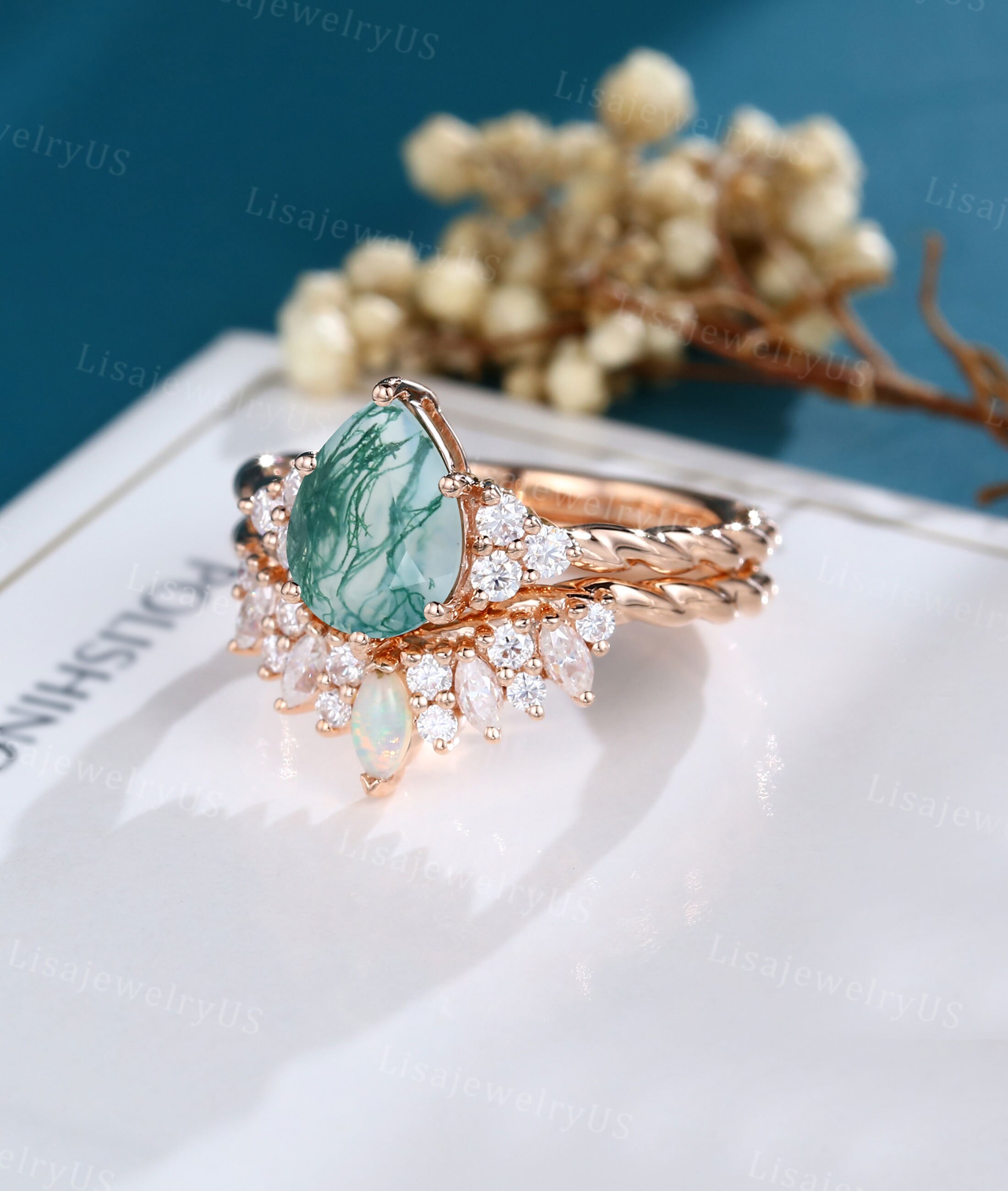 Pear Moss Agate Engagement Ring Set Rose Gold Vintage - Etsy