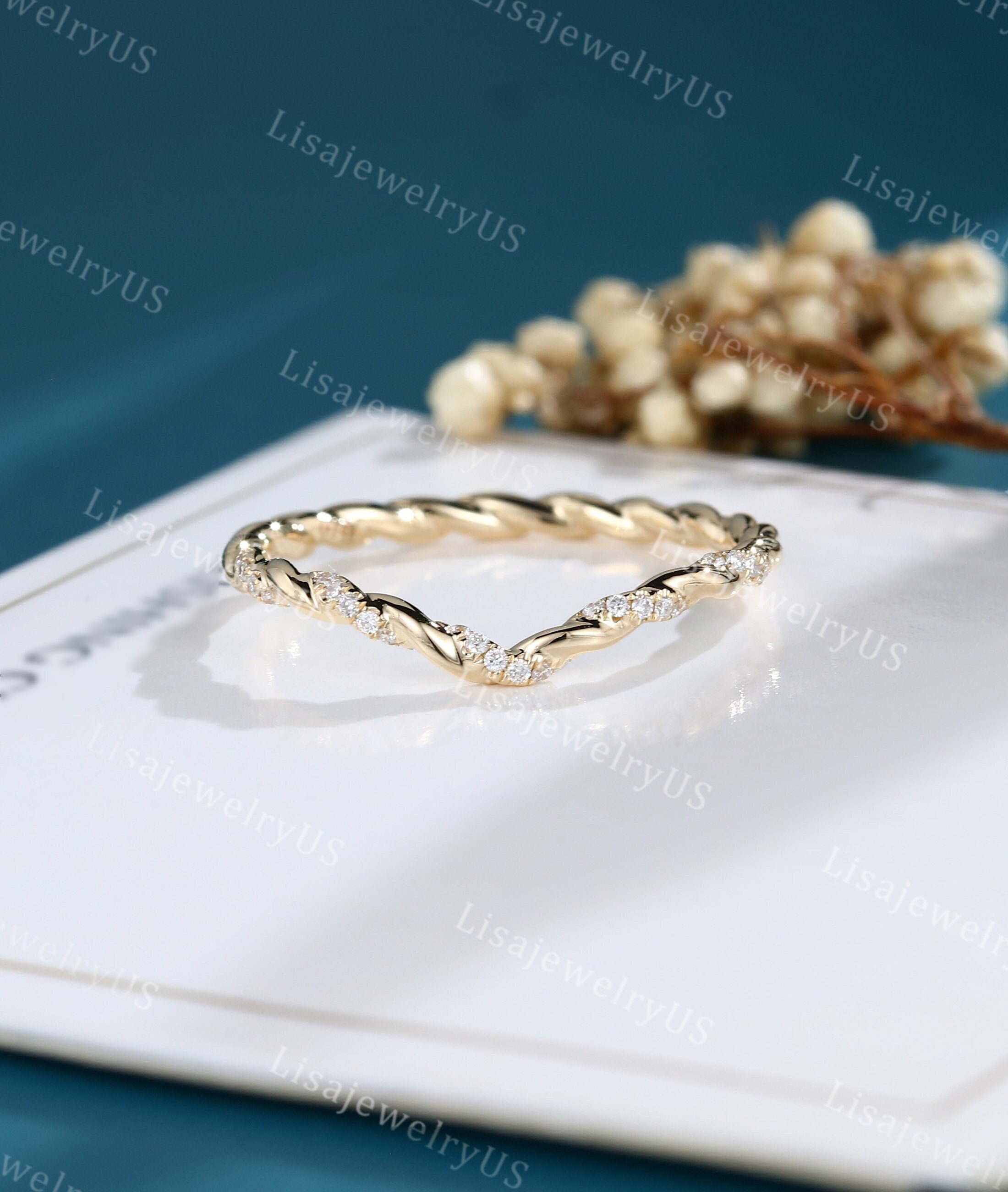 Diamond Wedding Band Curved wedding band 14K gold wedding band vintage Unique Twisted band half eternity Bridal Promise Band simple band