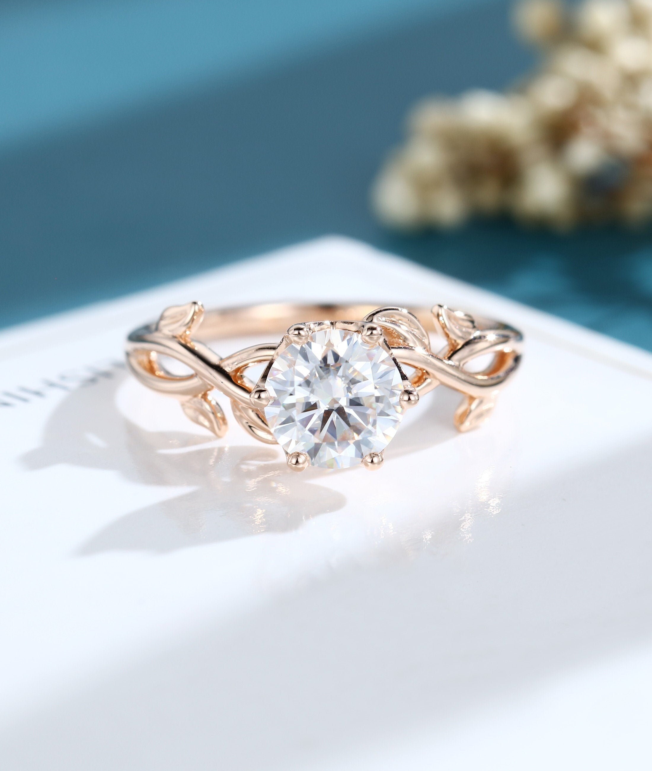 Moissanite engagement ring Rose gold vintage engagement ring Art deco branch Amazing Dainty Unique leaf ring Bridal promise Anniversary ringthumbnail