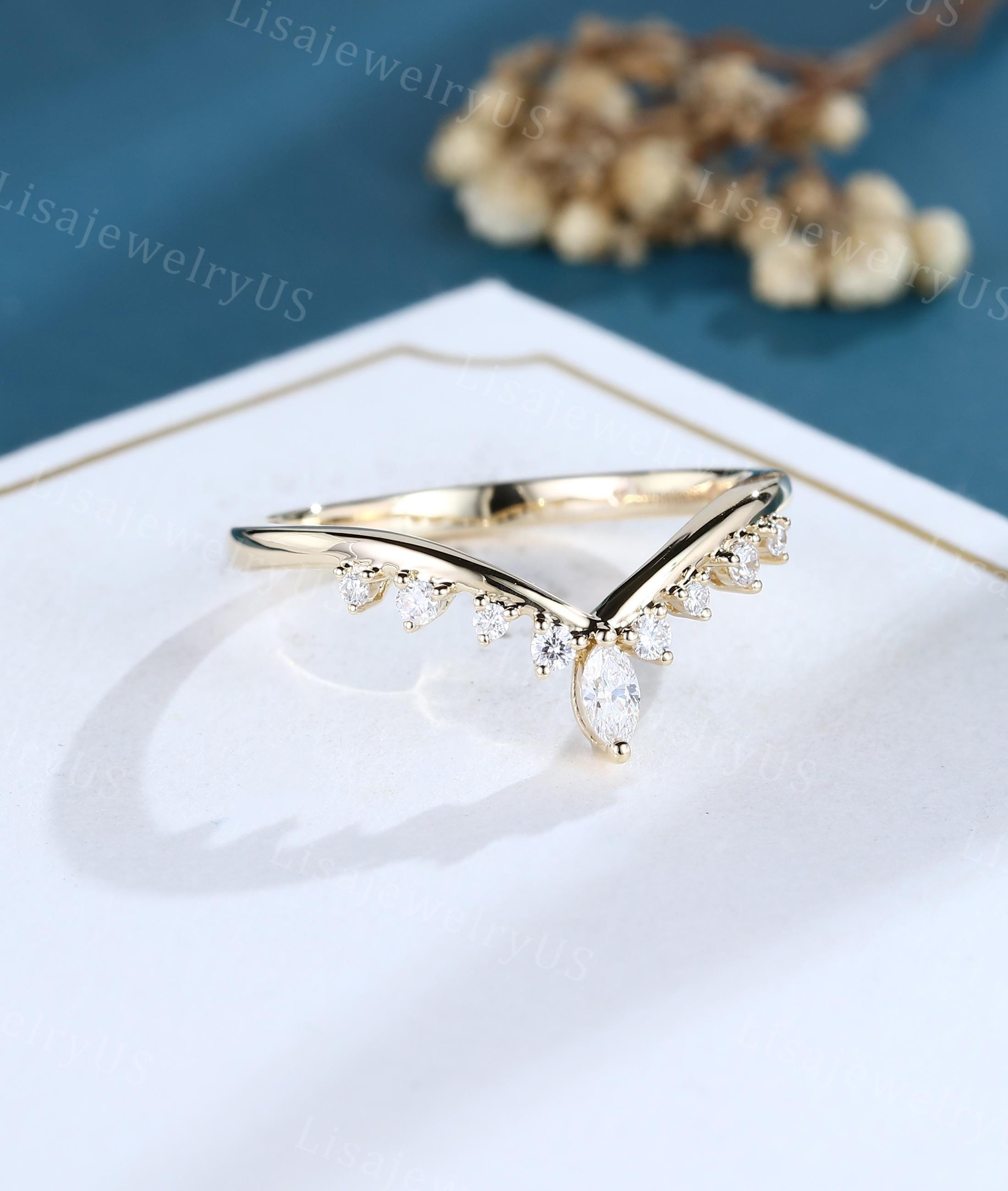 Marquise Cut Moissanite Wedding Band 14k Yellow Gold Curved Wedding ...