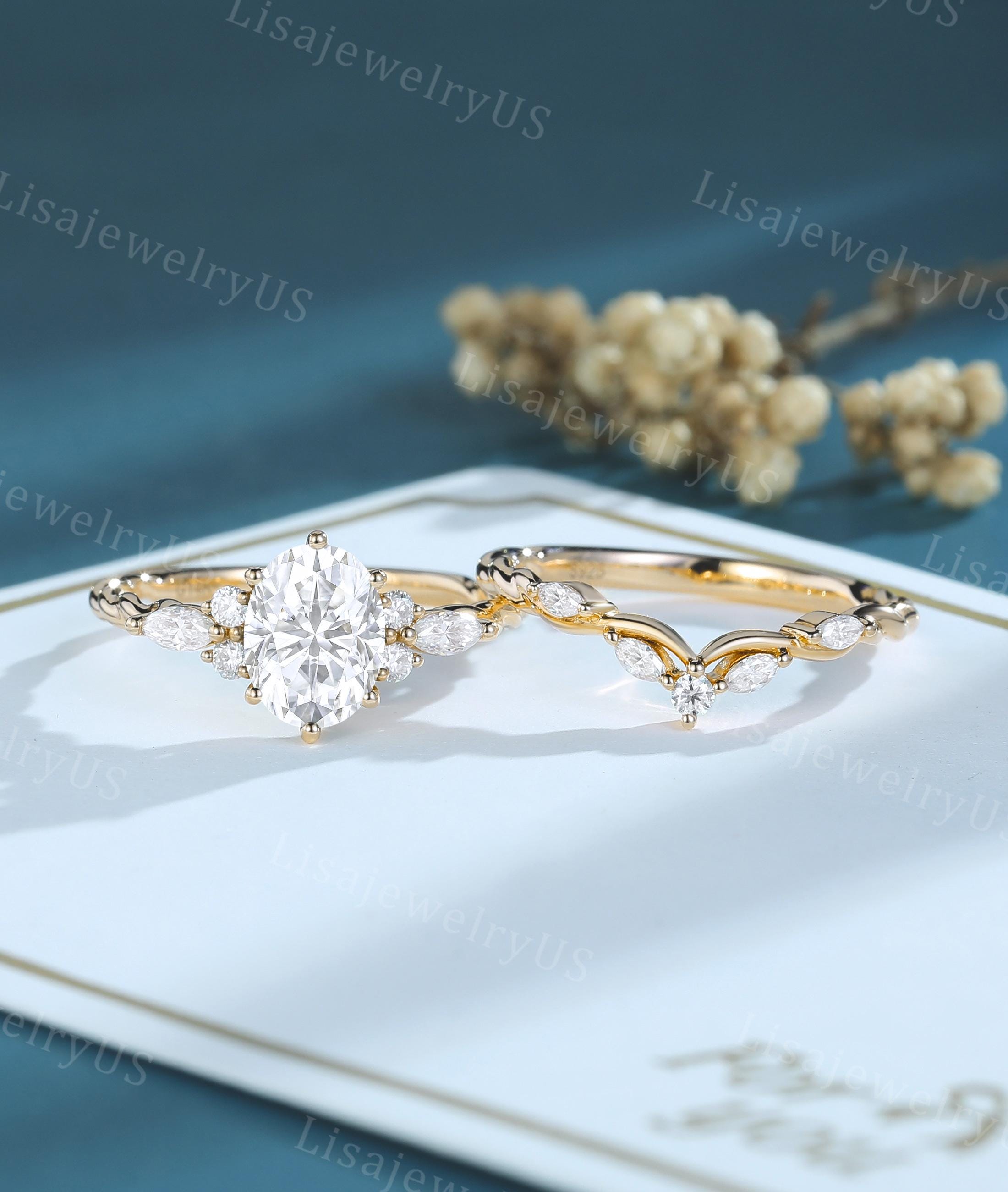 Oval Moissanite Engagement Ring Set Yellow Gold Vintage Ring Set Art ...