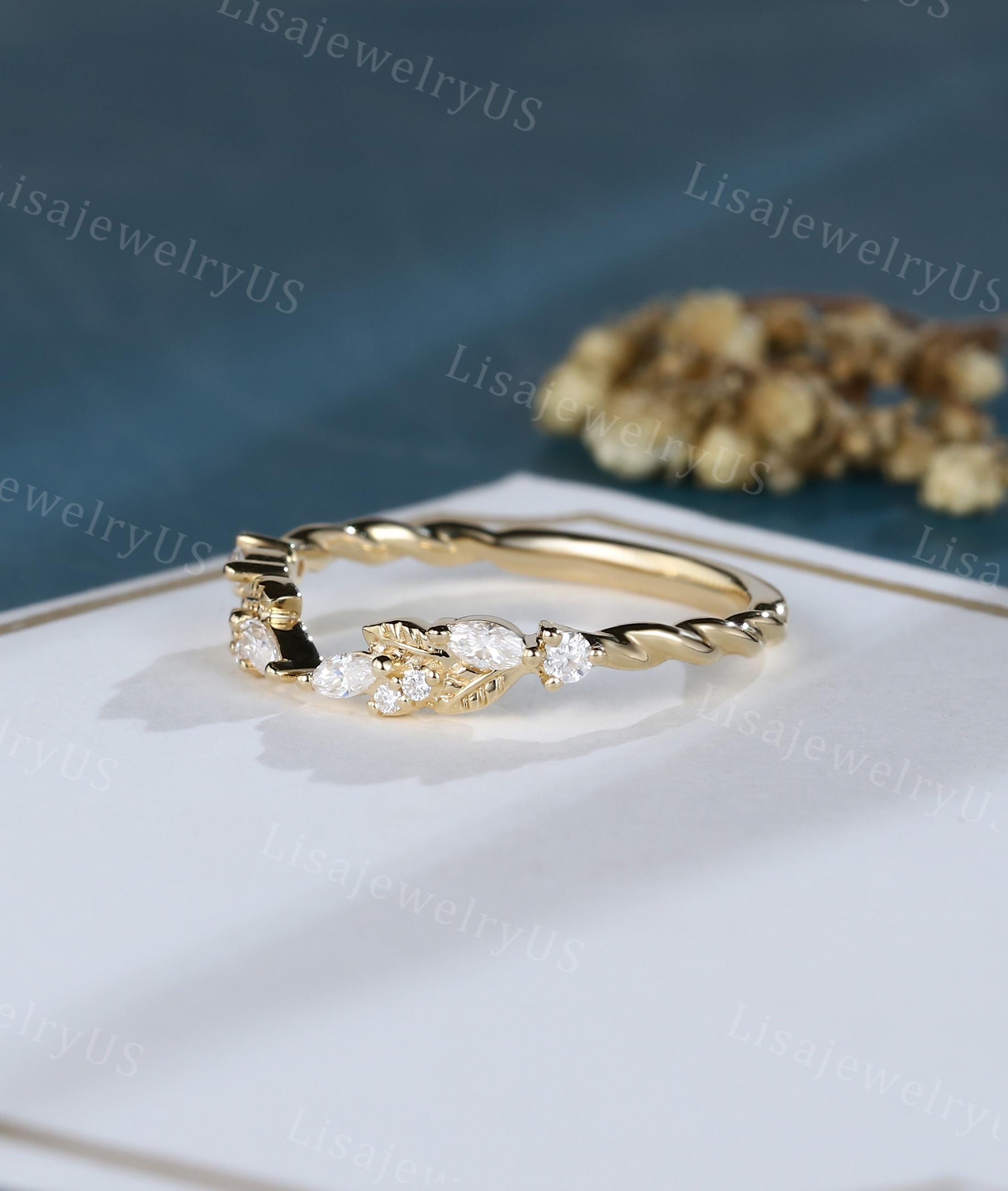 Marquise Cut Moissanite Curved Wedding Band Yellow Gold Leaf Open ...
