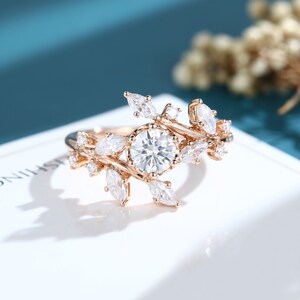 Moissanite engagement ring Solid rose gold vintage engagement ring Art deco unique Dainty marquise diamond  Bridal anniversary promise ring