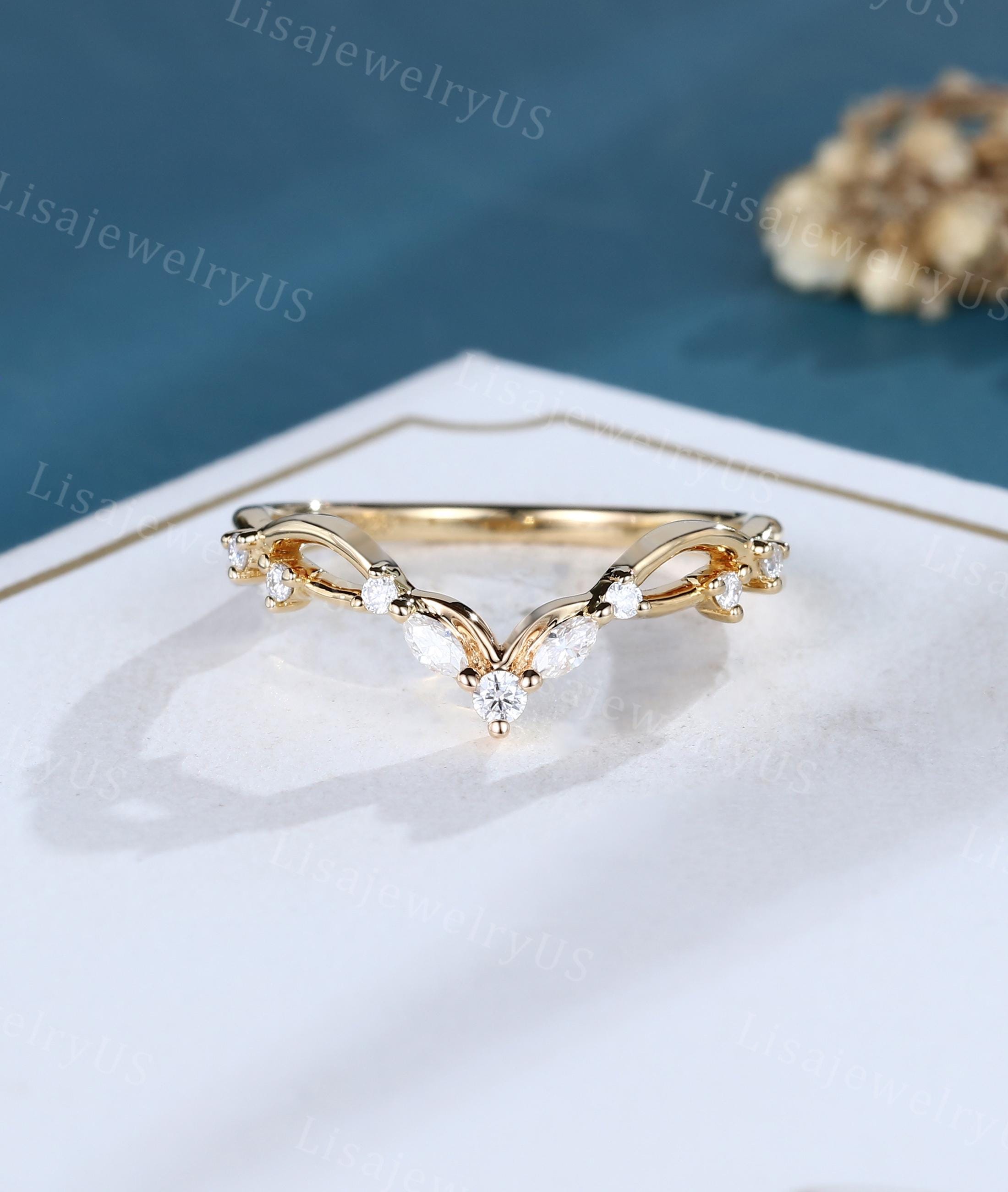 Marquise Cut Moissanite Curved Wedding Band Dainty 14k Yellow Gold ...