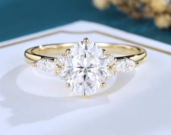 Oval Moissanite engagement ring vintage engagement ring solid yellow gold engagement ring unique Marquise diamond Bridal Anniversary ring