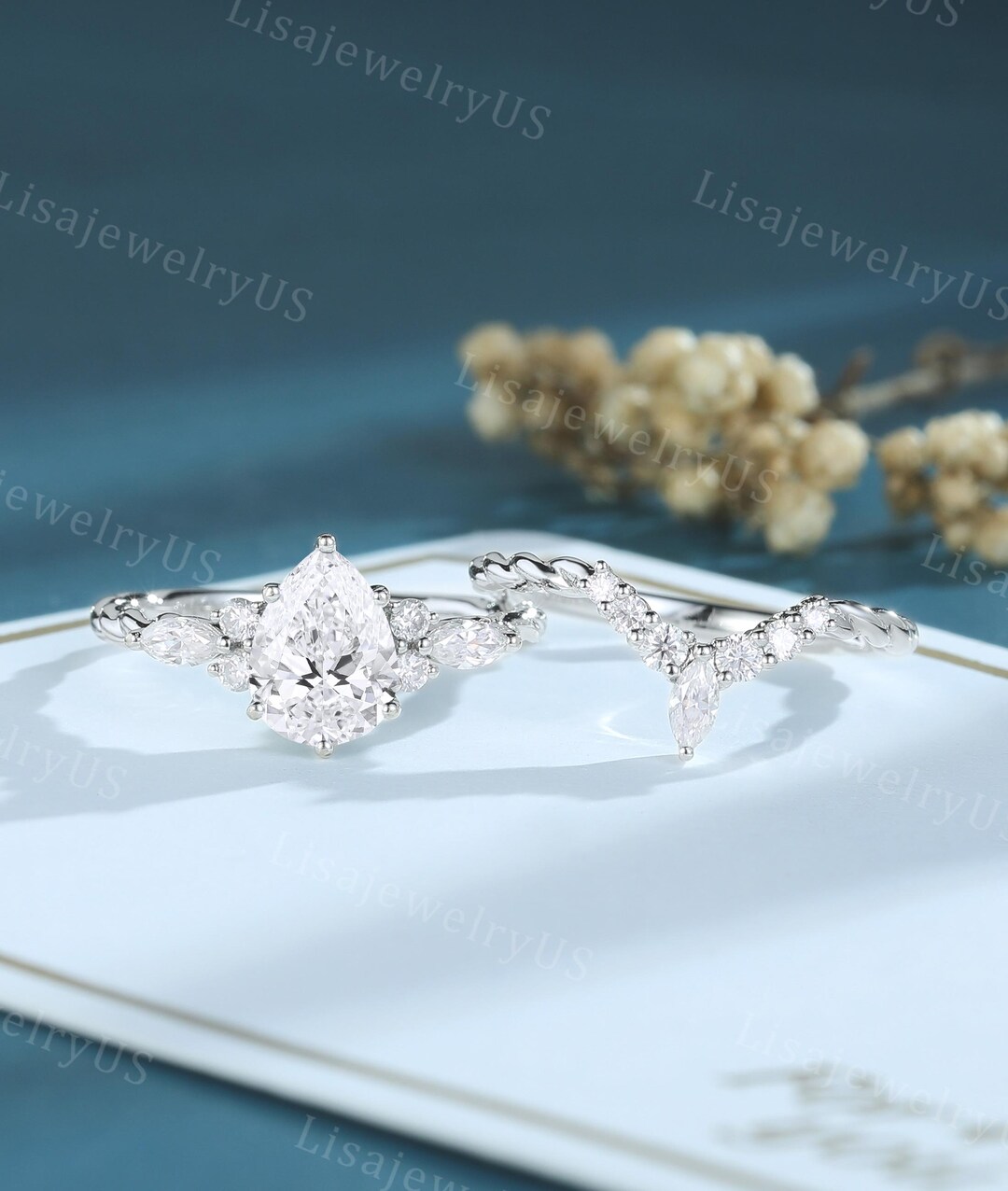 Pear Shaped Lab Diamond Engagement Ring Set Vintage White Gold IGI ...
