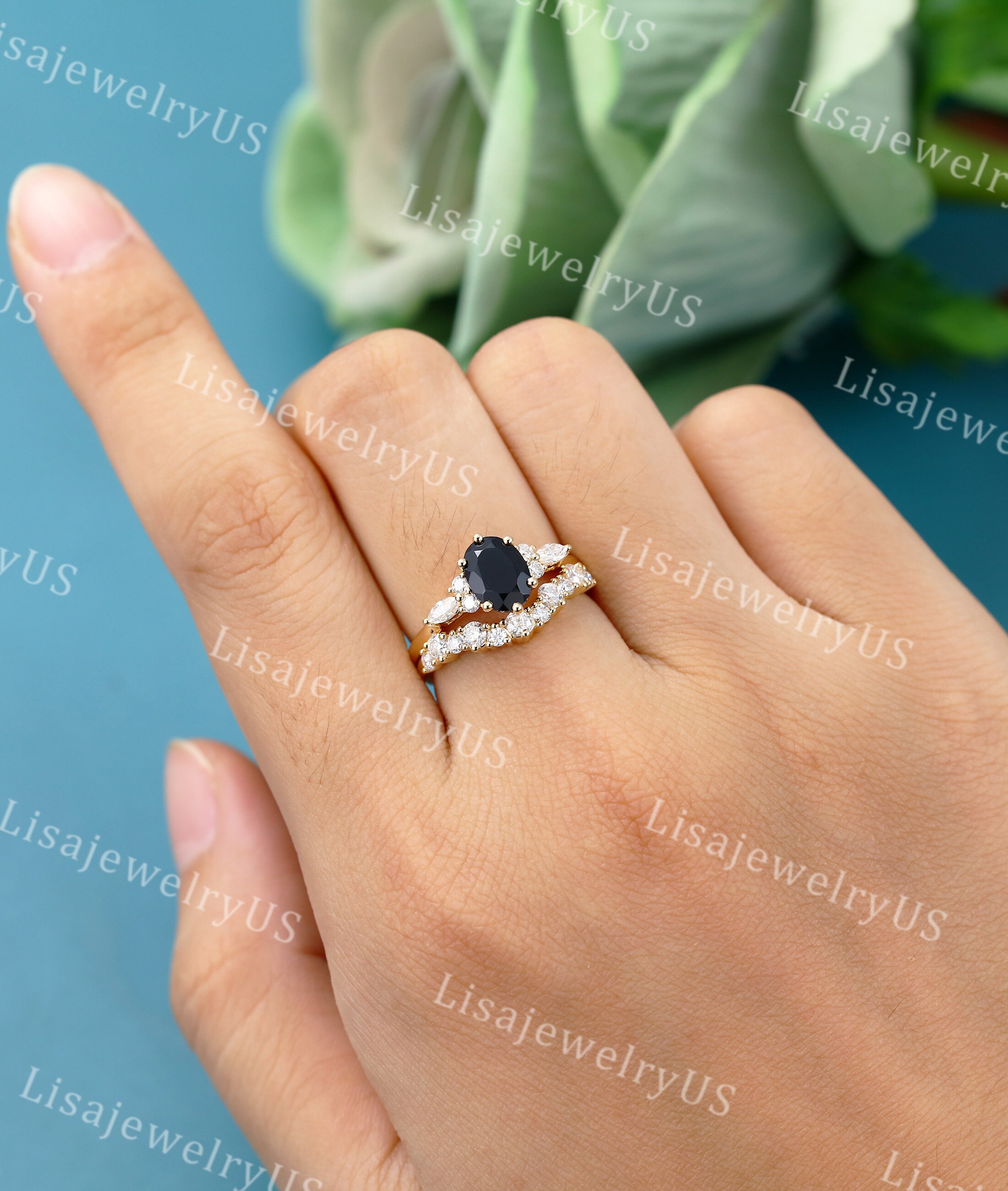 Oval Black Onyx Engagement Ring Set Vintage Engagement Ring Etsy