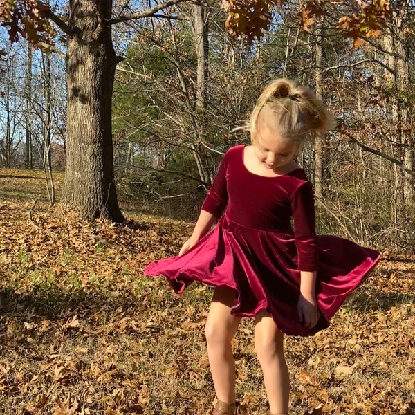 Custom Colors, Velvet Twirl Dress, Sleeve Options, Scoop back Twirl Dress, Handmade, Soft Stretchy Velvet, Holiday Dress, Twirly, Fall Dress