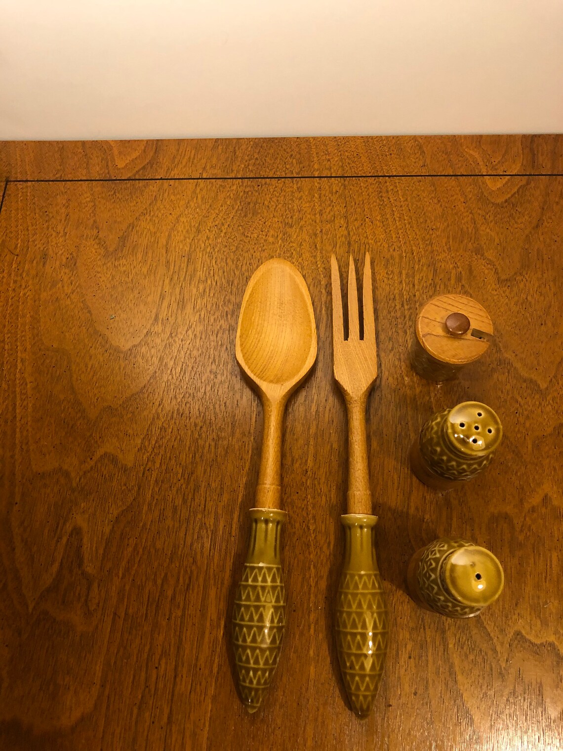 Wood and Ceramic Vintage Japanese Salad Utensils Set Etsy