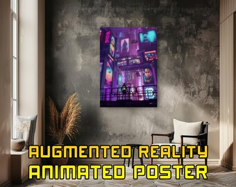 AR Animated Poster - Futuristic Cyberpunk City Wall Art Giclee Print