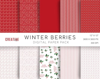 Winter Berries Digital Paper set - 10 x Digital papers, backgrounds, printable digital paper, commercial use digital paper.