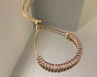 Gold Filled CZ Slider Bracelet, Adjustable Box Chain, Bolo Style Cup Bracelet