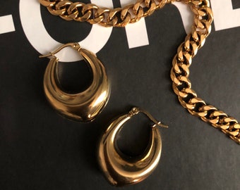 18K Gold Plated Chunky Hoop Earrings, Medium Stainless Steel Hoops