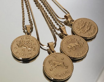 18K Gold Filled Zodiac Medallion Necklace, Stainless Steel Pendant, Astrology Jewelry