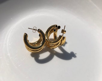18K Gold Plated Chunky Hoop Earrings, Triple Strand Medium Hoops