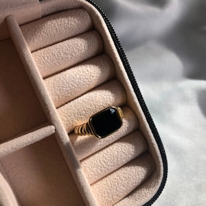 ONYX | Vintage Black Stone Ring, 18K Gold Plated Statement Ring, Stackable Gold Ring, Minimalist Chunky Ribbed Ring, Aesthetic Gold Jewelry