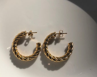 18K Gold Plated Twisted Hoop Earrings, Chunky Half Moon Design