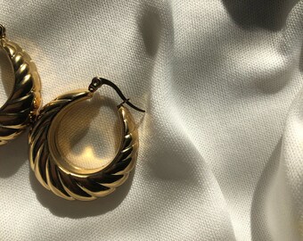 24K Gold Plated Croissant Hoop Earrings, Textured Twisted Medium Hoops