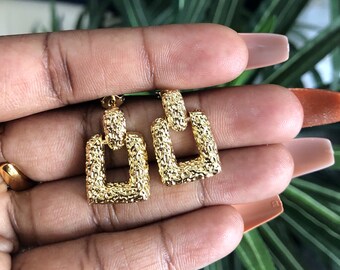 Textured 18K Gold Plated Door Knocker Hoop Earrings, Medium Brass Hoops
