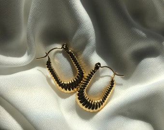 Textured Grooved Hoop Earrings, 18K Gold Plated Stainless Steel Medium Hoops